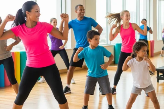 Family members dance together in a group Zumba dance class.