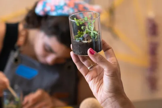 A person holds up a mini terrarium craft.