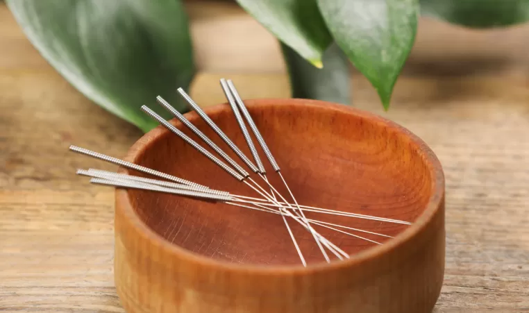 A small wooden bowl containing acupuncture needles sits on a table. There is a green plant behind it.