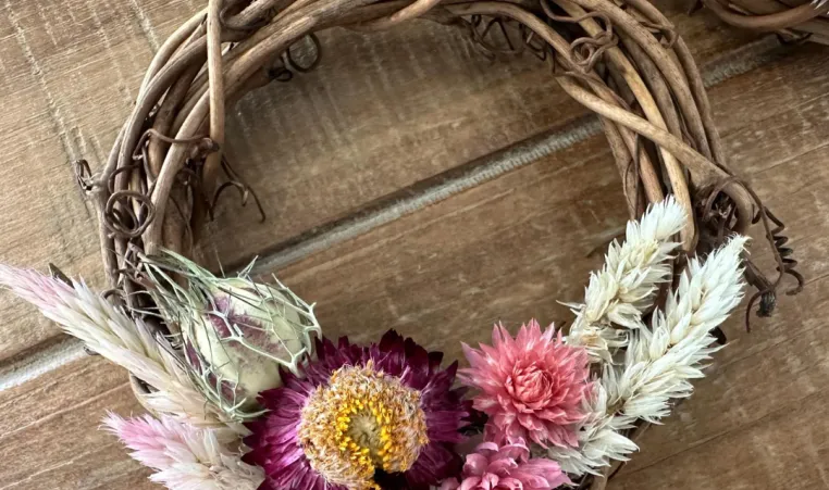 A grapevine wreath made in art class.